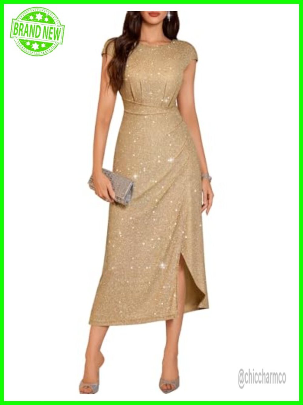 Sparkly Sequin Formal Maxi Dress Slit Cap Sleeve Wedding Guest Cocktail